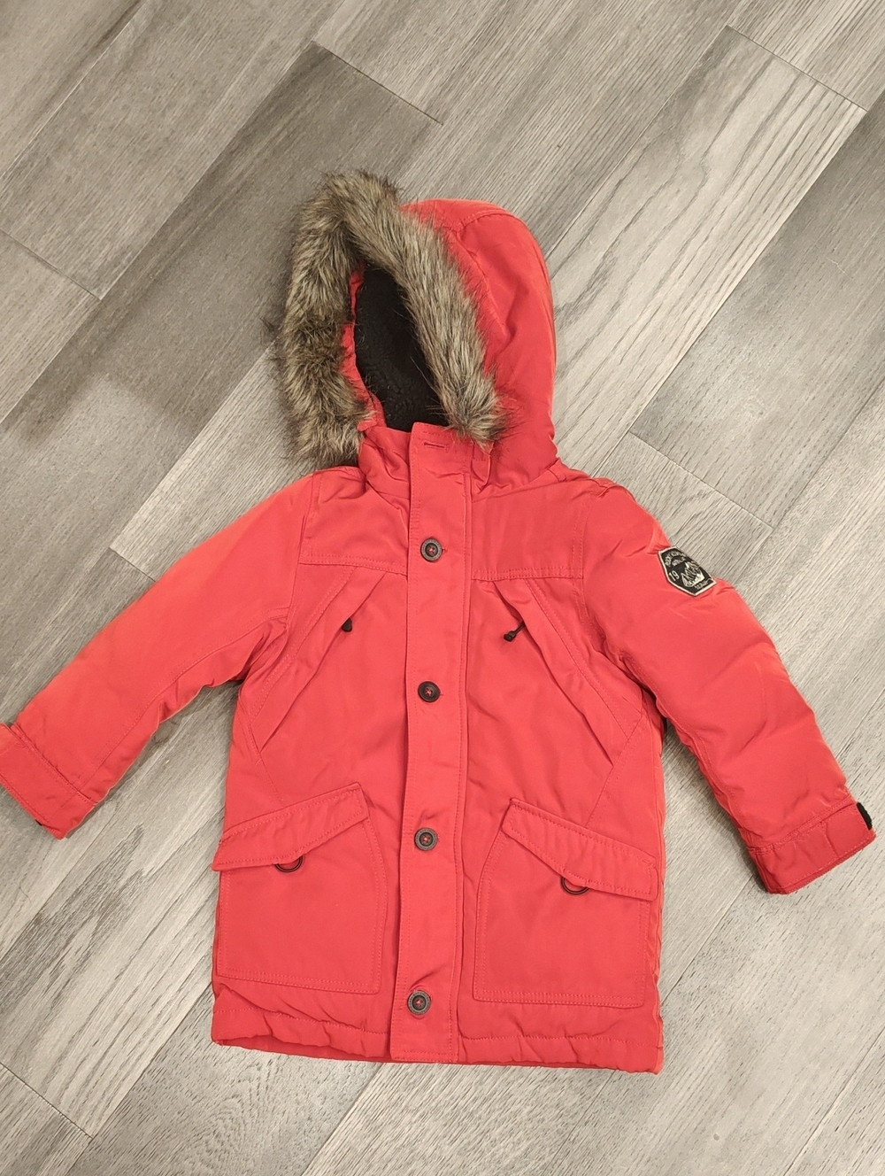 Zara Coral Hooded Puffer Coat with Faux-Fur Trim